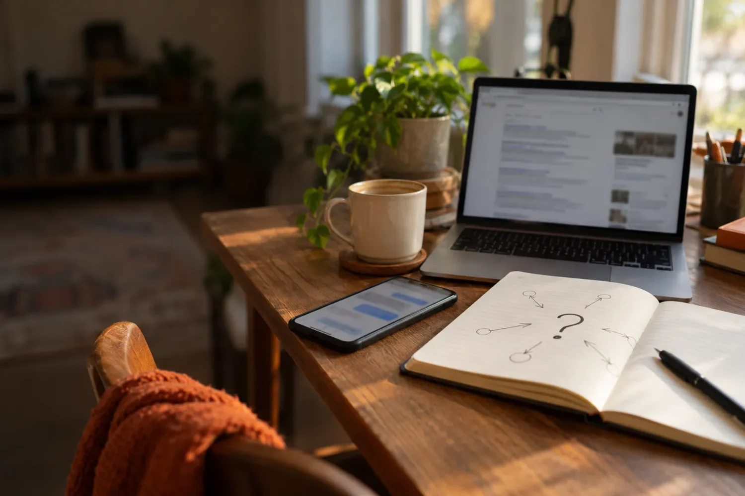 A laptop showing search results beside a phone chat and a notebook with a question mark