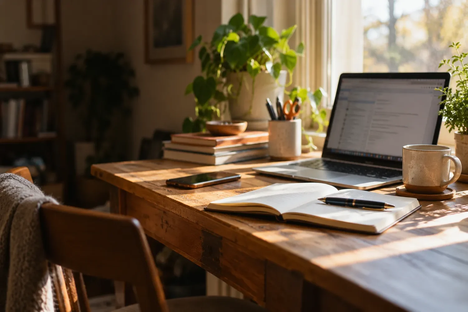 A window-side desk with a phone, a notebook and a laptop