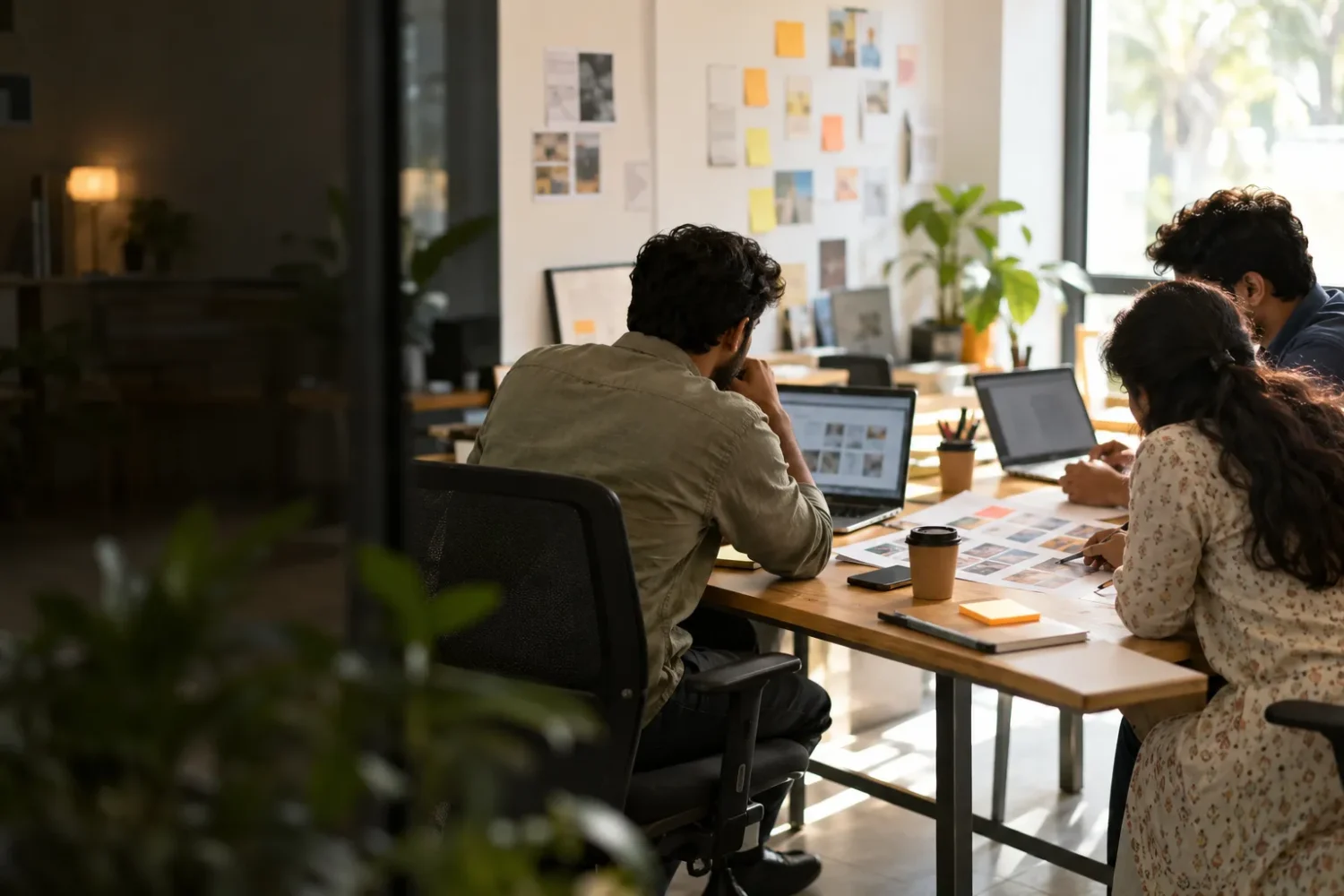 Three colleagues working together around one shared table in a bright office