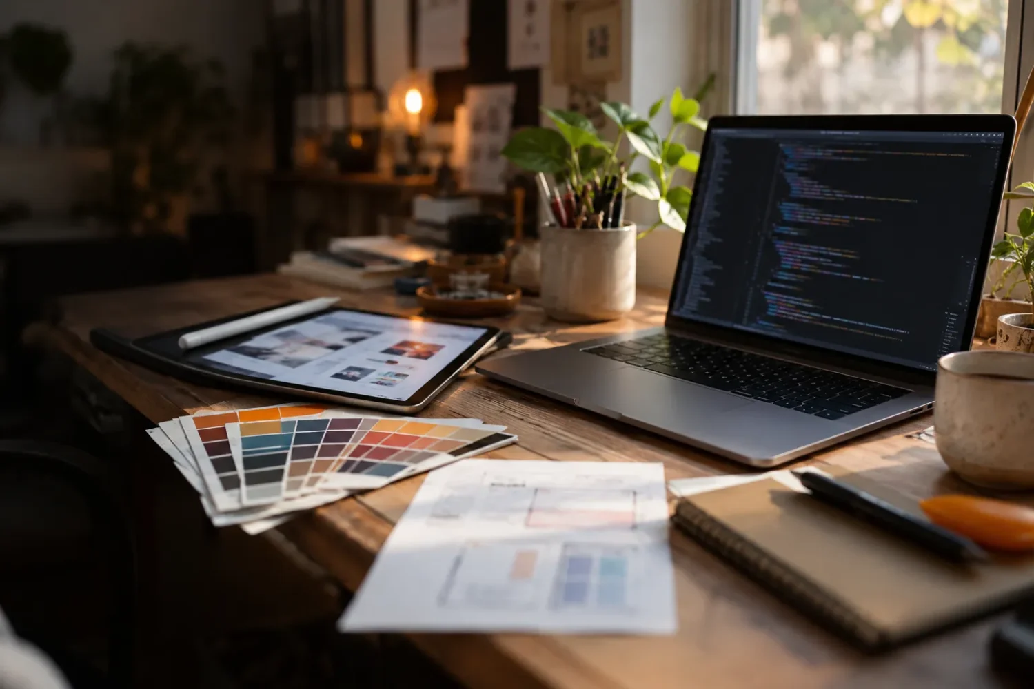 A designer desk with a tablet showing an interface design, colour swatches and a laptop with code