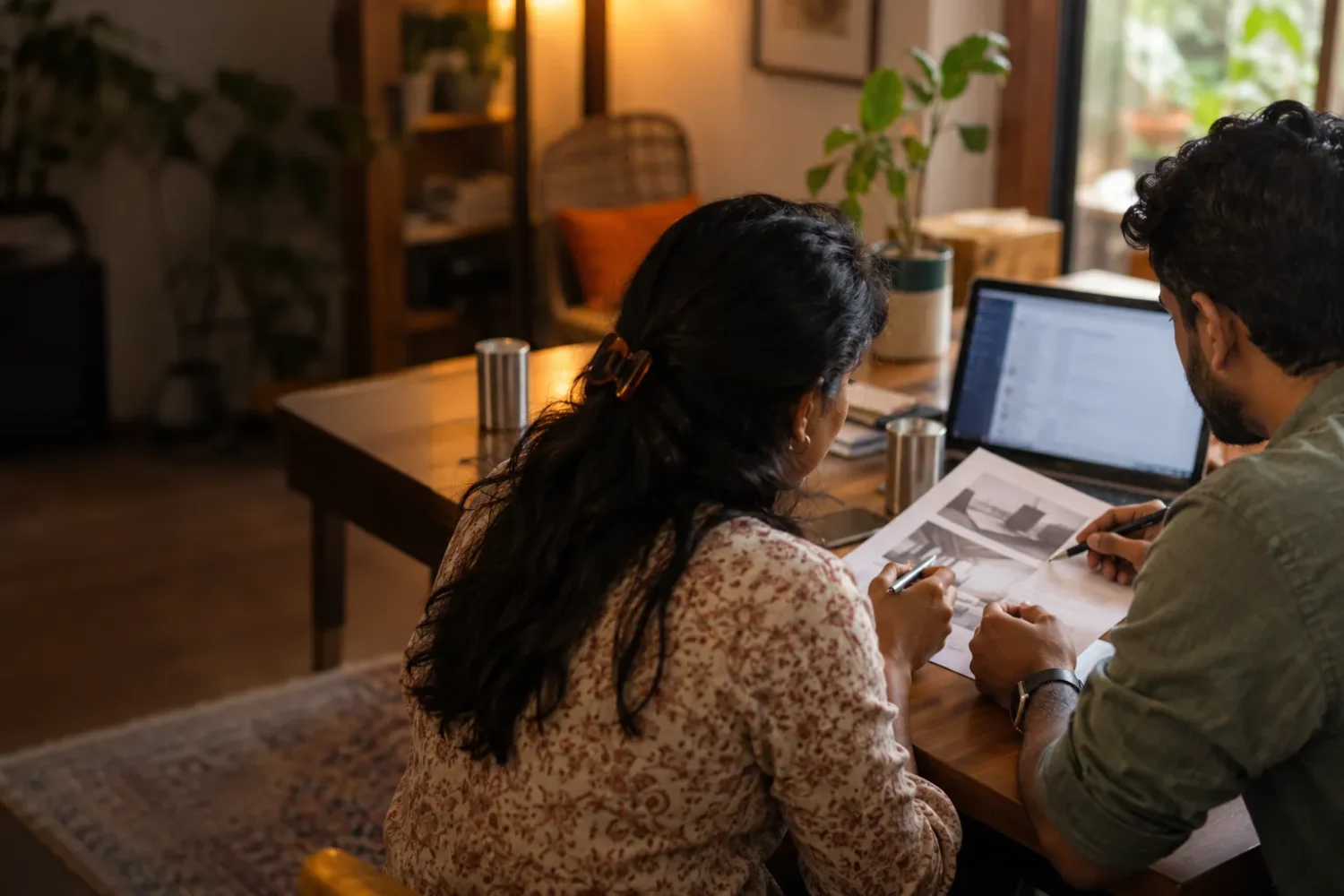 Two colleagues reviewing a printed page together beside a laptop