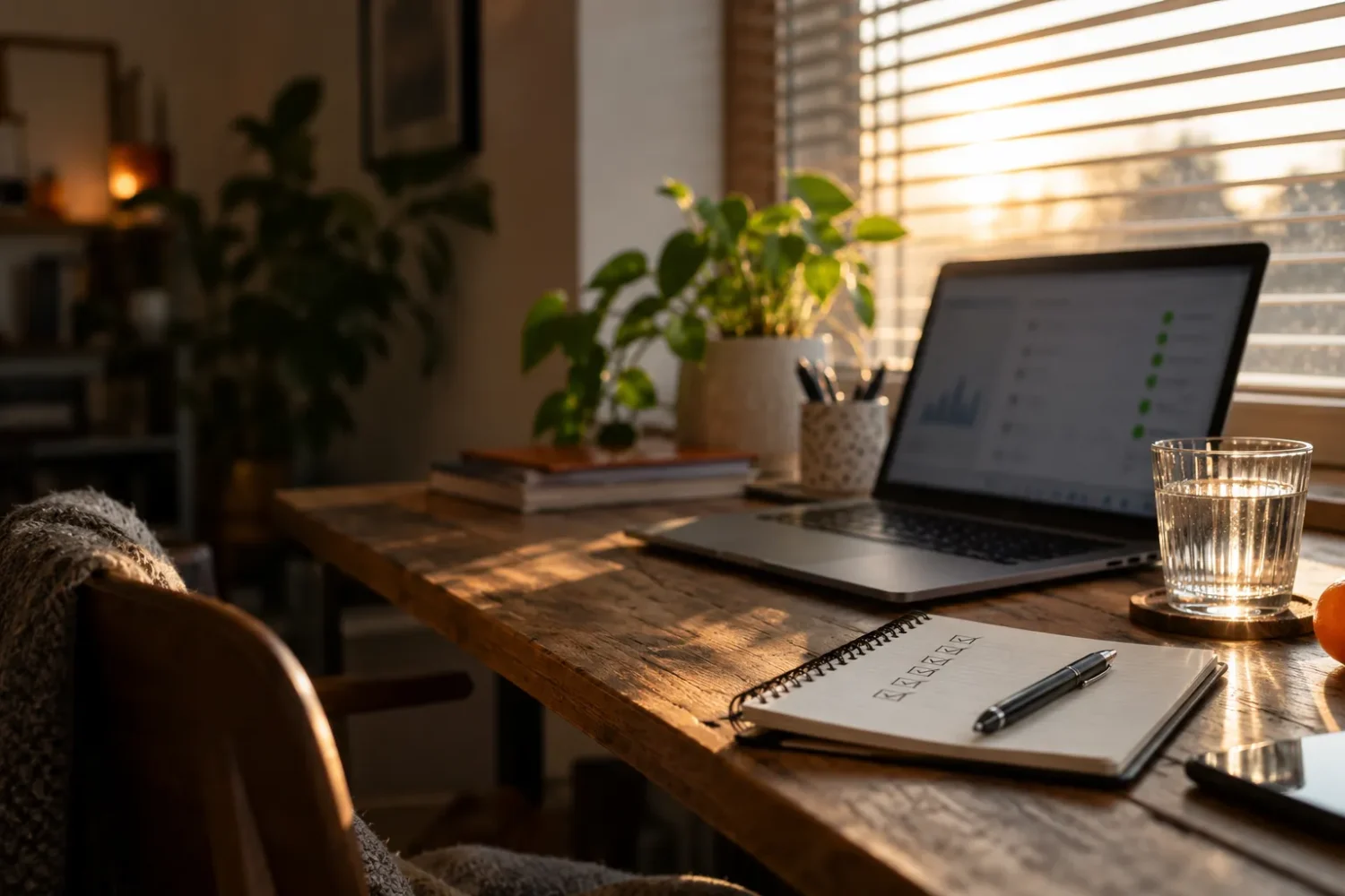A tidy desk with a laptop showing a status dashboard, a checklist notebook and a glass of water