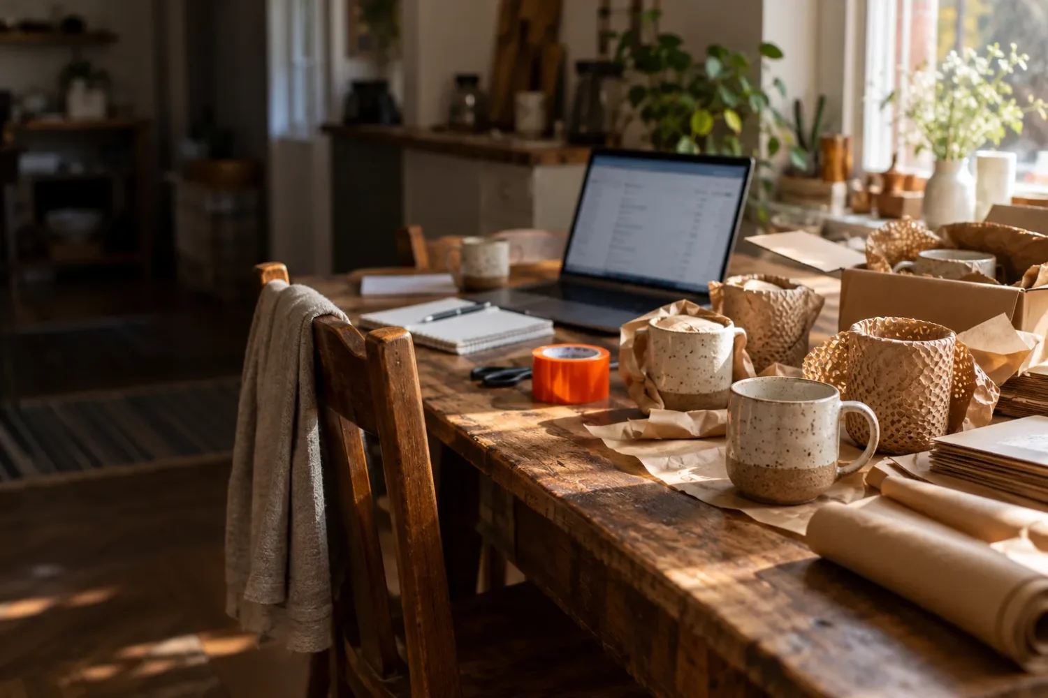 A kitchen table workshop with wrapped ceramic mugs, orange tape and a laptop