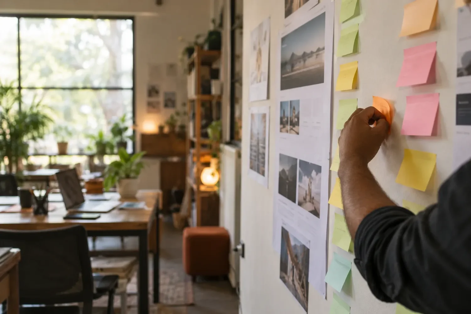 A hand placing a sticky note on a project planning wall beside printed website layouts