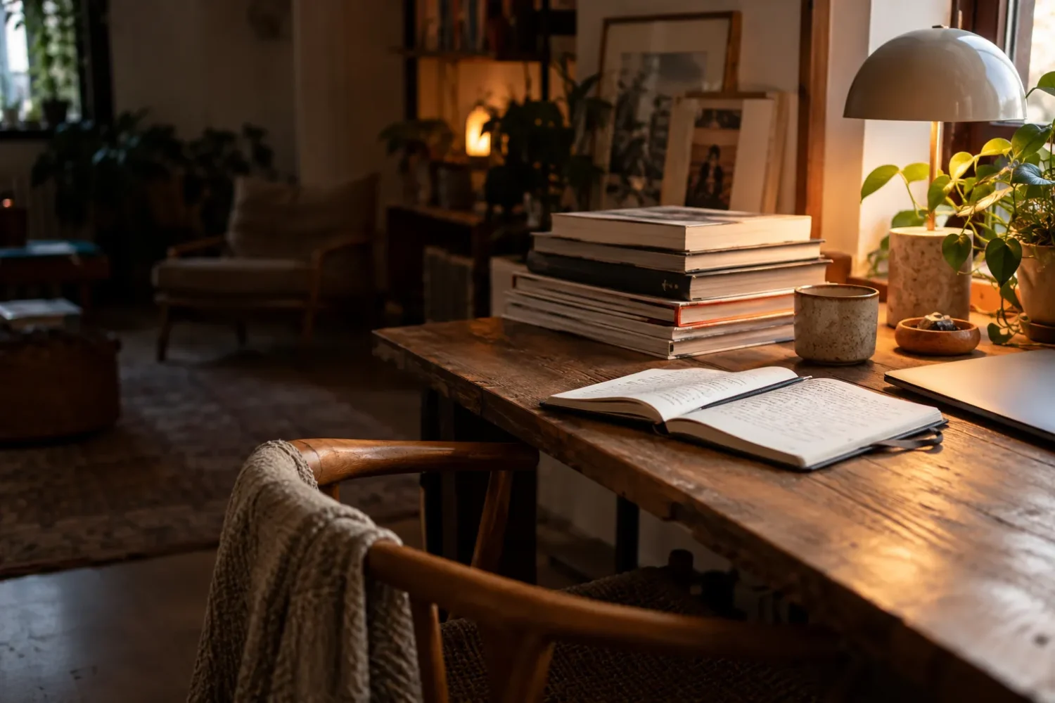 A reading corner with a stack of books, an open notebook and a lamp
