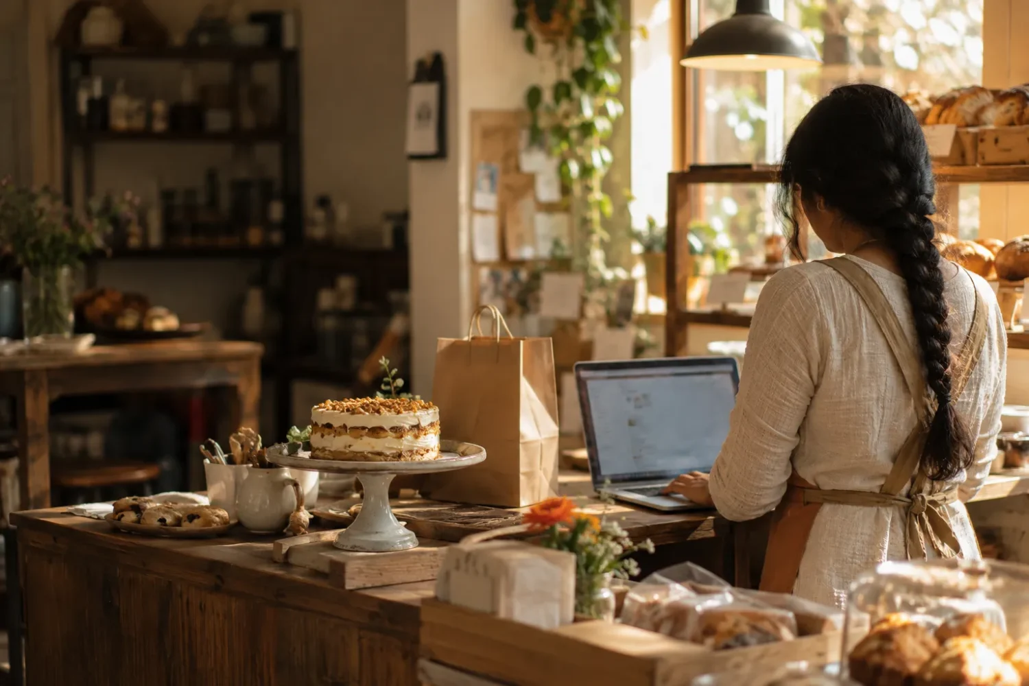 A bakery owner at the counter looking at a laptop