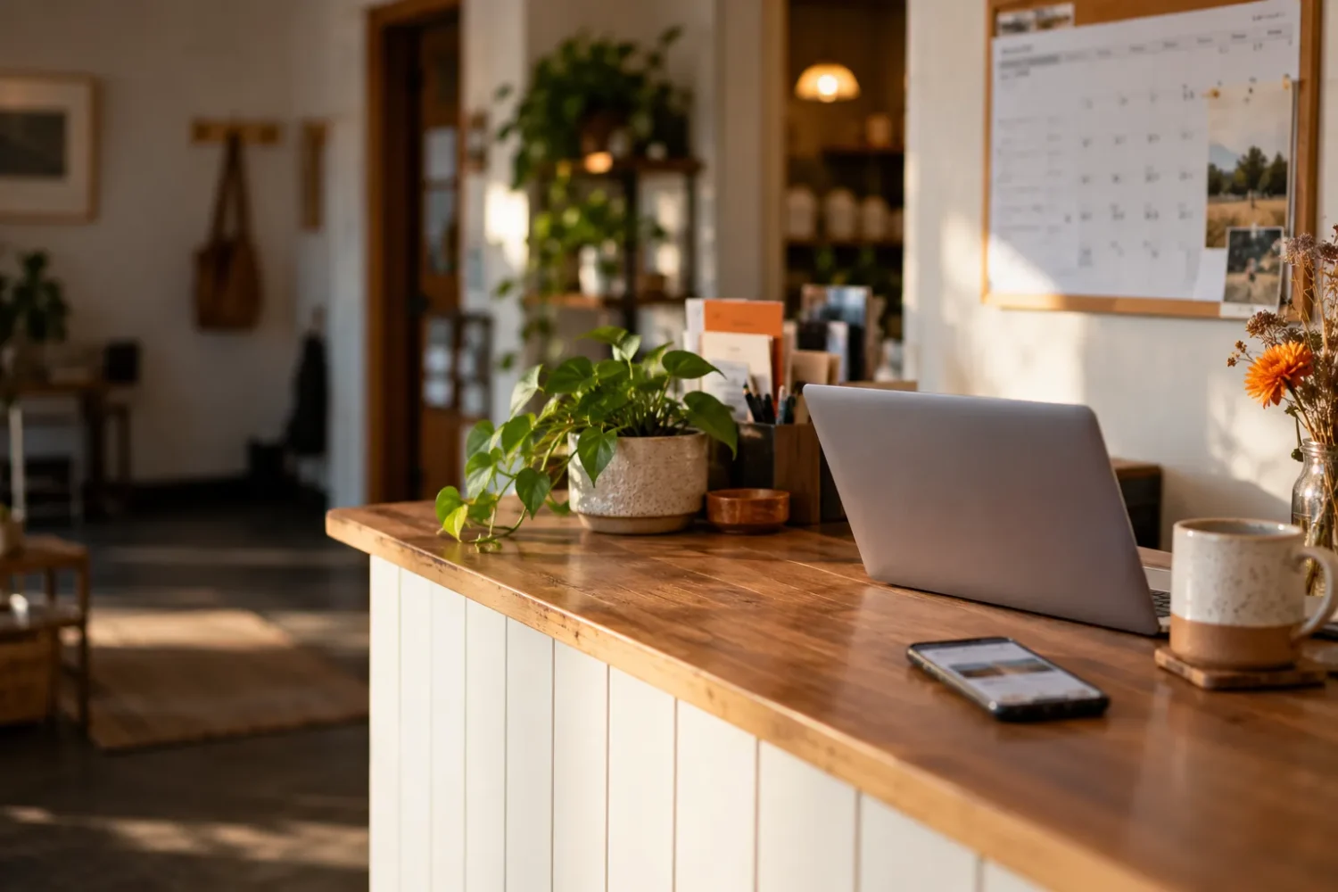 A small business reception desk with a laptop, phone and a plant