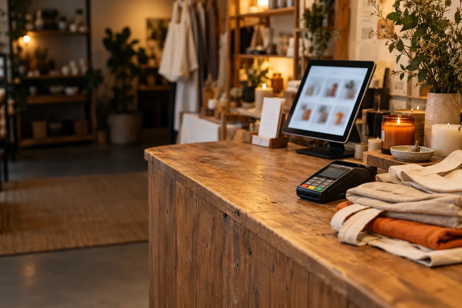 A boutique shop counter with a card reader, folded tote bags and a tablet