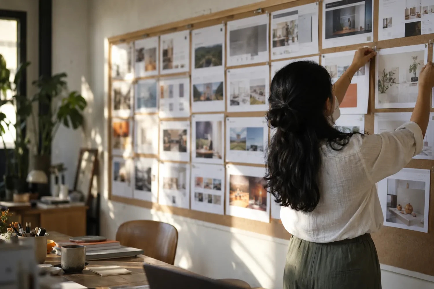 A designer placing a printed website screenshot on a portfolio pinboard