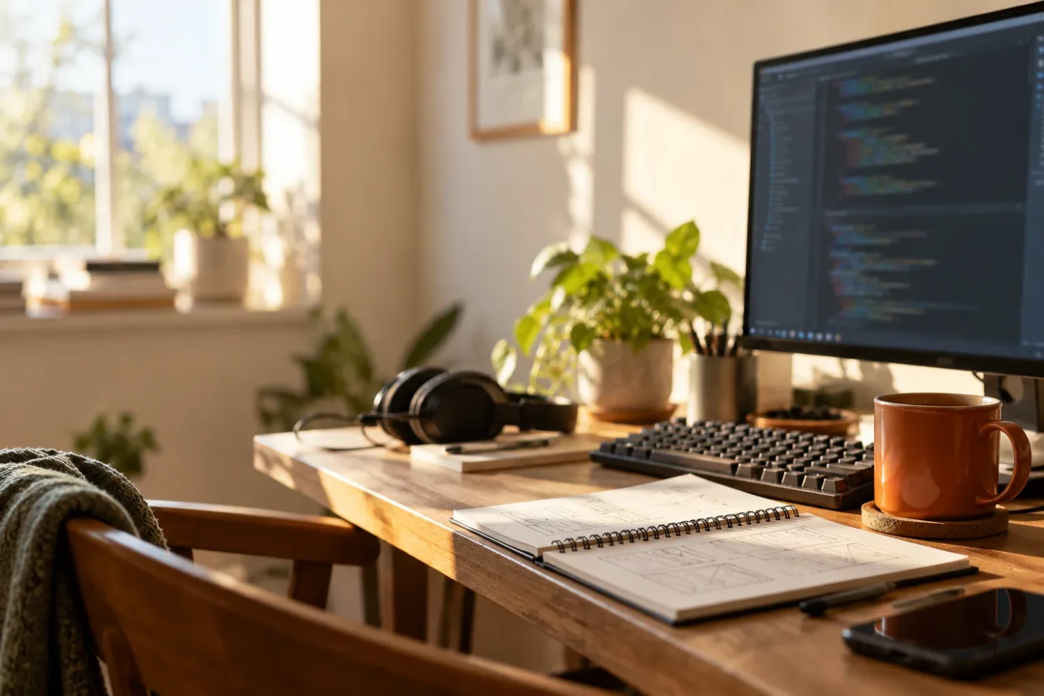 A developer’s desk by a sunny window with a monitor showing code, a keyboard, a sketchbook of wireframes and an orange mug