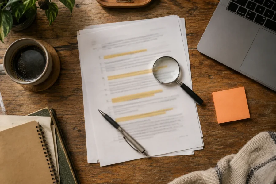 A printed page with highlighted questions, a magnifying glass and a pen