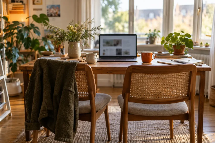 Two chairs side by side at one desk facing a single laptop