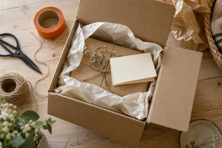 An open parcel with tissue paper, a card, orange tape and twine