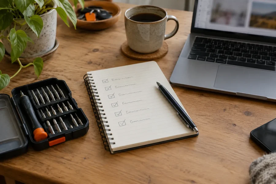 A precision screwdriver set, a checklist notebook and a laptop corner