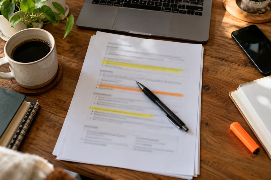 A printed scope document with highlighted lines and a pen