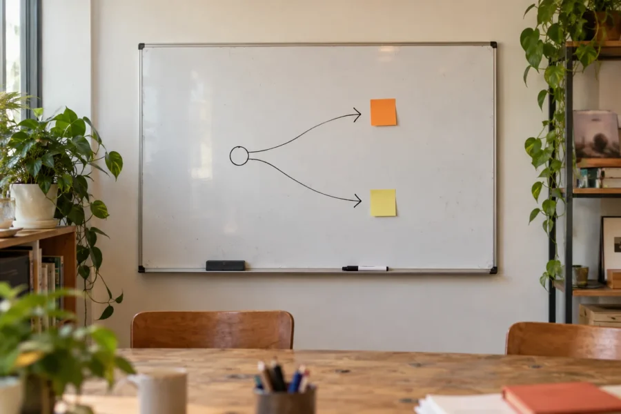 A whiteboard with two paths drawn as arrows from one starting point