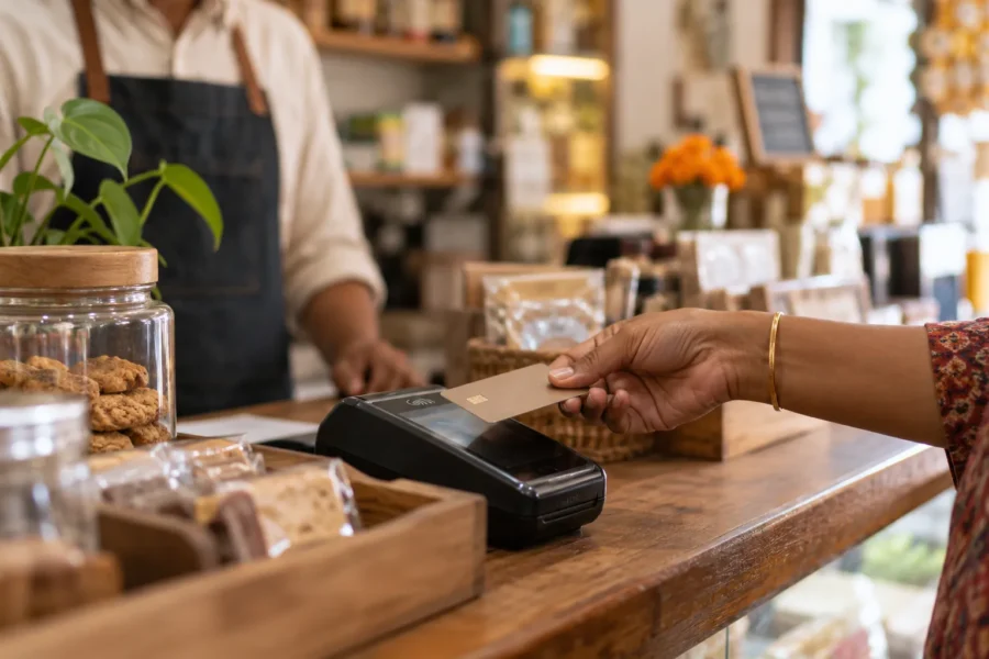 A hand holding a card to a payment reader on a shop counter