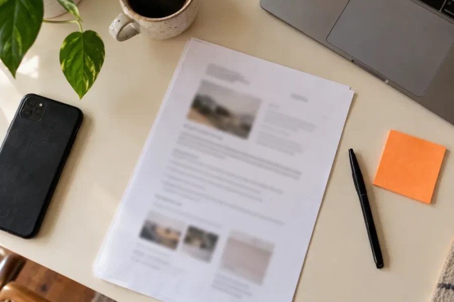 A printed project brief on a desk with a pen, a phone and an orange sticky note