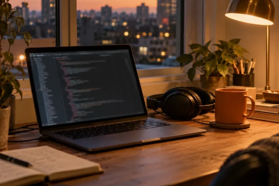 A laptop showing code on a desk lit by a warm lamp, with headphones and a mug