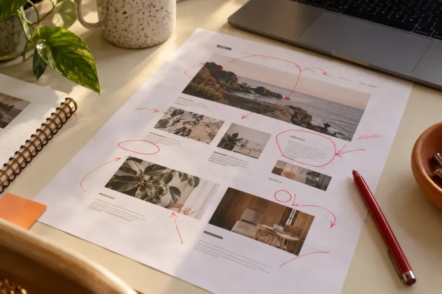 A printed website layout with handwritten red review notes next to a laptop