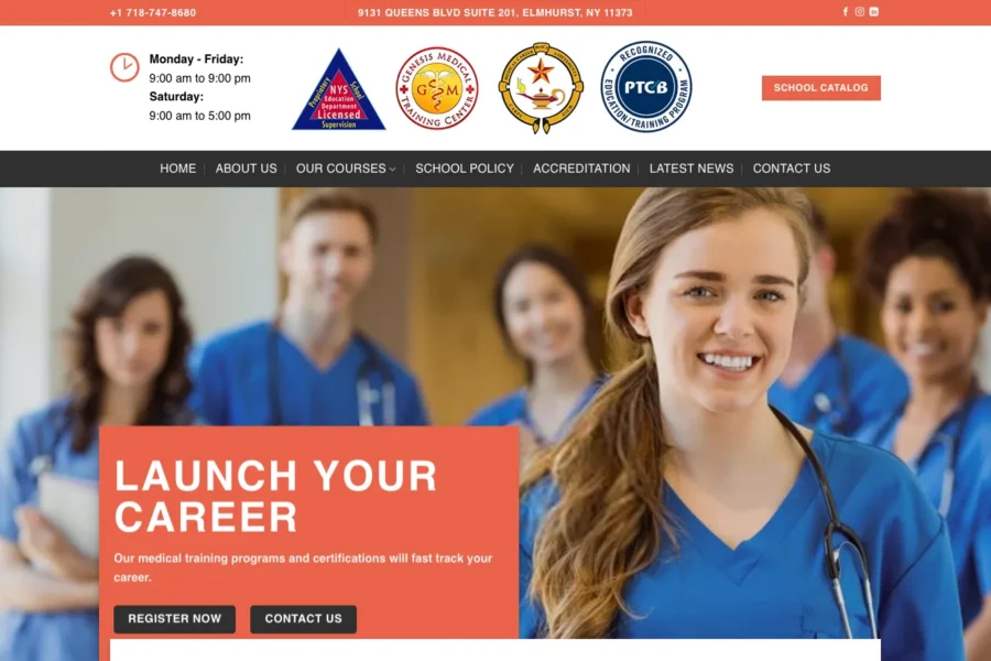 Screenshot of the Genesis Medical Training website home page