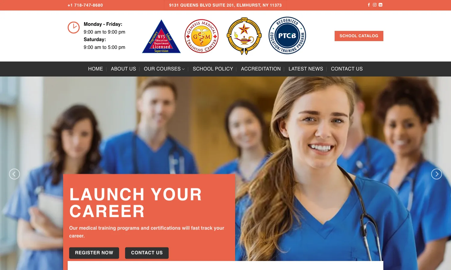 Screenshot of the Genesis Medical Training website home page