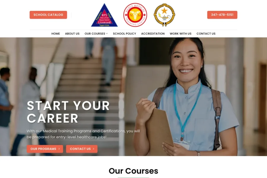 Screenshot of the Nexus Medical Training website home page