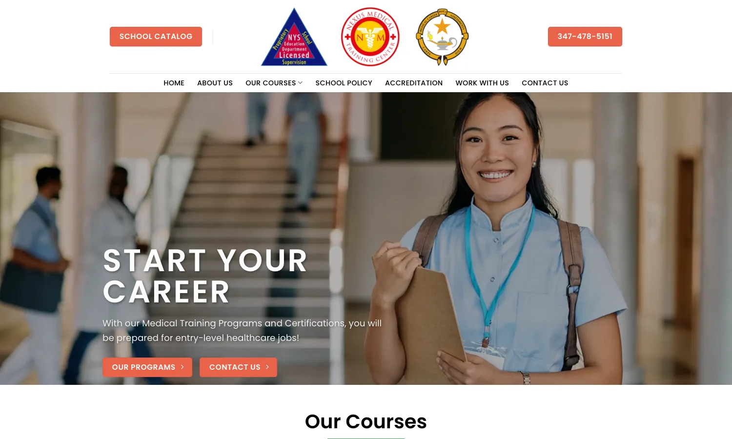 Screenshot of the Nexus Medical Training website home page
