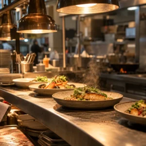 A restaurant kitchen pass with plated dishes