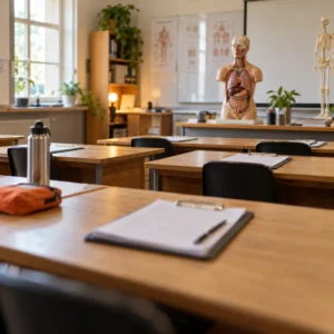 A training classroom with desks and clipboards