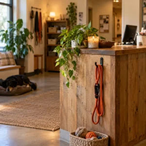 A pet care reception with a dog lead on a hook