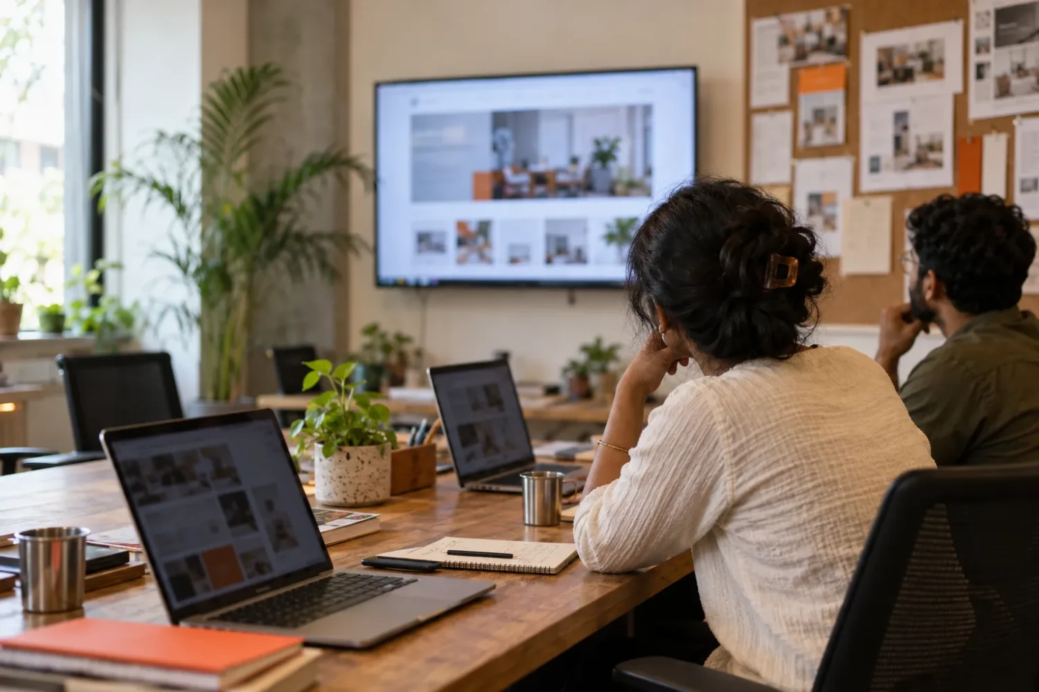 Two people in a small agency meeting room looking at a website design on a wall screen